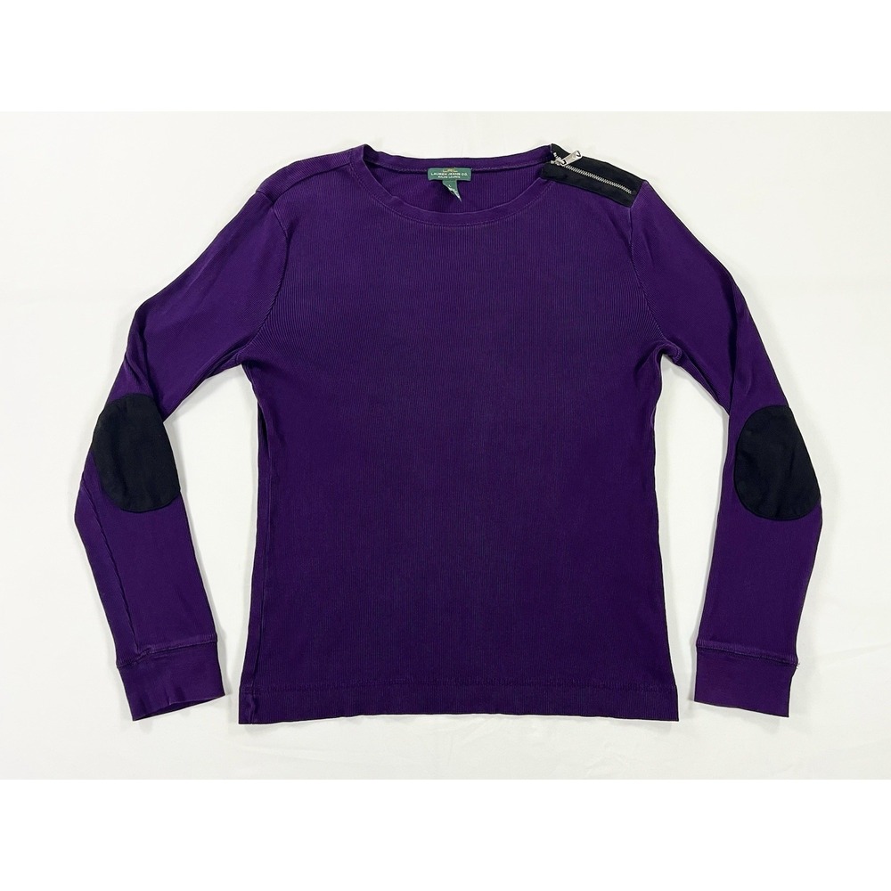 Lauren Ralph Lauren Women's L Purple Knit Shirt Shoulder Zip Suede Elbow Patch - Picture 1 of 9